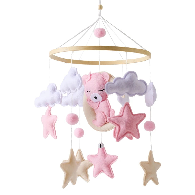 Wooden Crib Mobile Baby Bed Bell Rattle Toy Soft Felt Cartoon Bear Mobile Hanging Newborn Music Box Bed Bell Hanging Bracket Toy